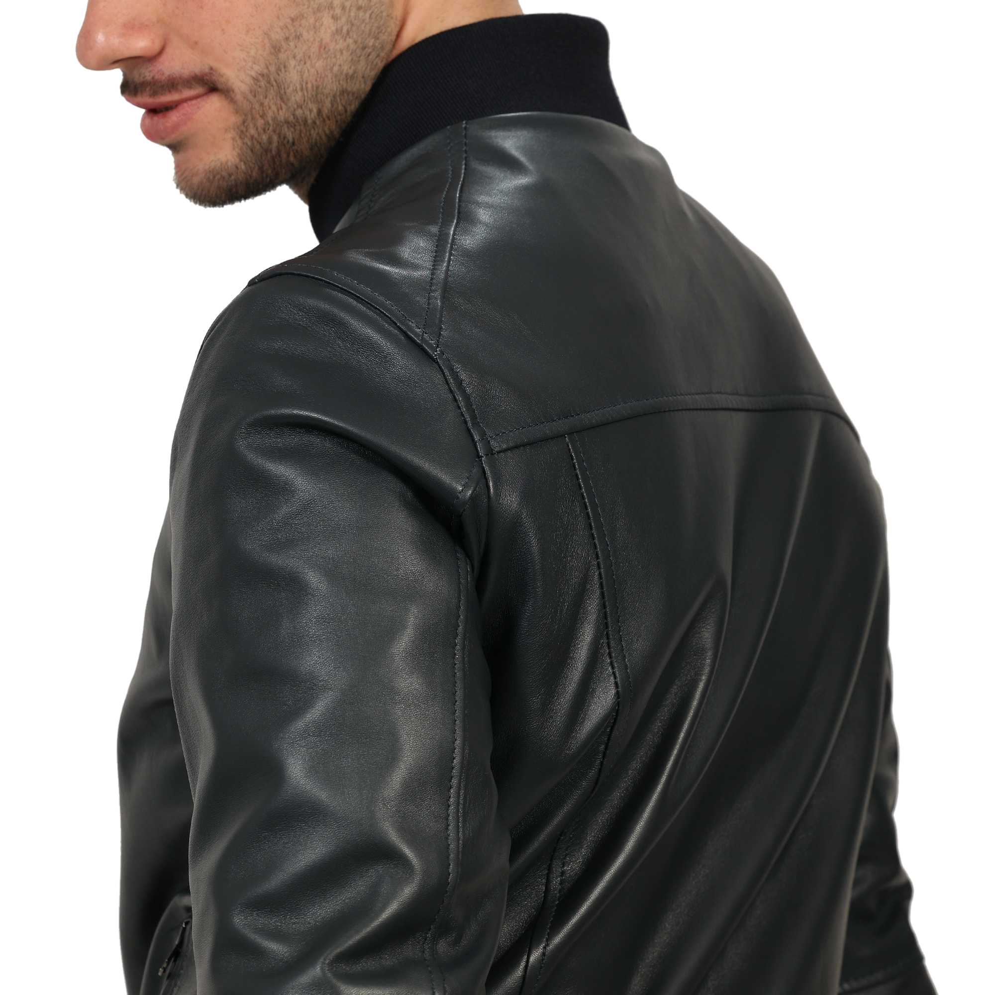 Giubbino in vera pelle di vitello Blu-Slim Fit