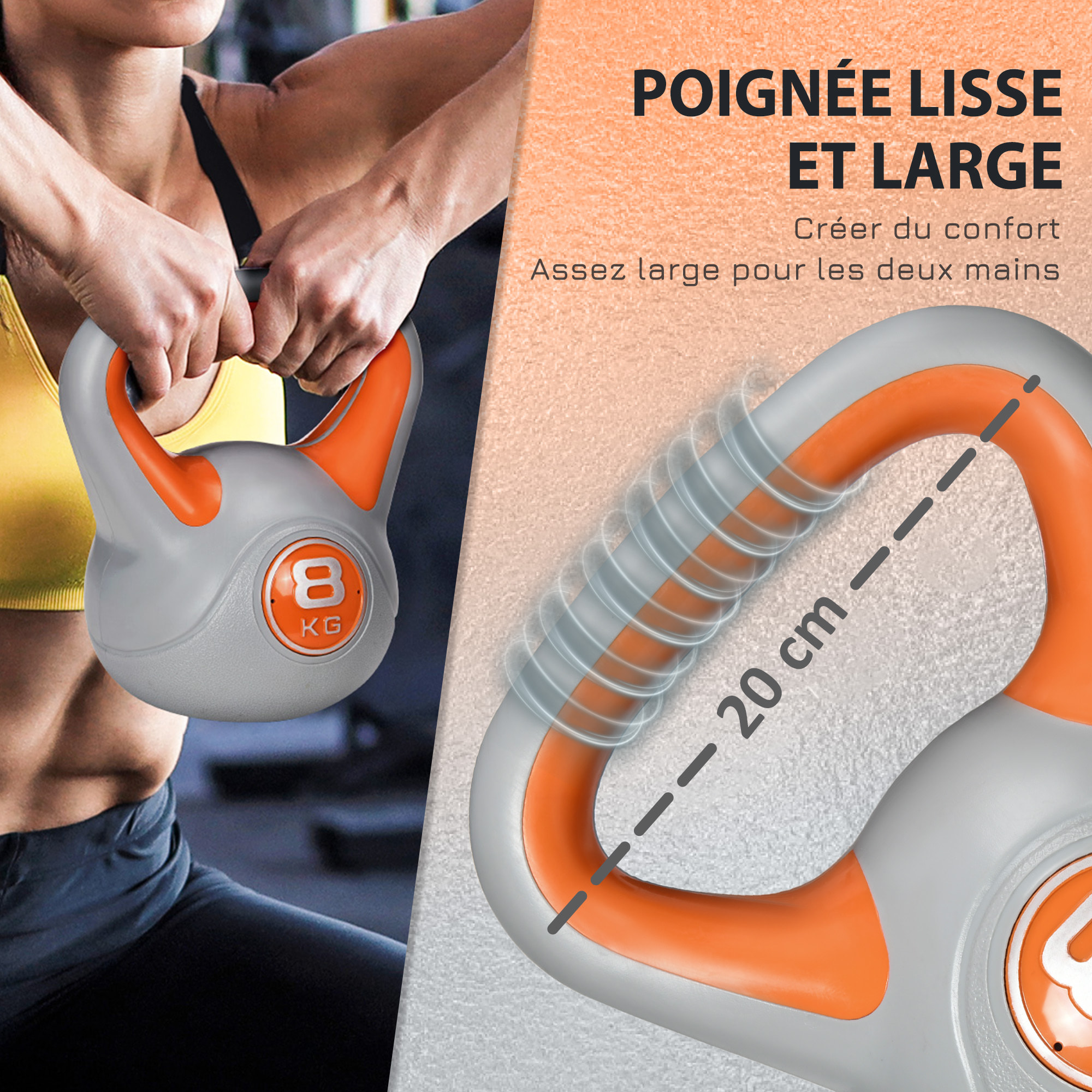 Kettlebell 8 Kg - haltère boule - poignée ergonomique - PU gris orange