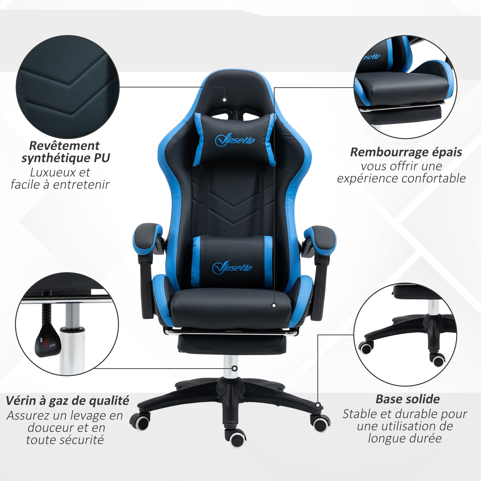 Chaise gaming - chaise de bureau gamer inclinable réglable repose-pieds rétractable coussins synthétique noir bleu