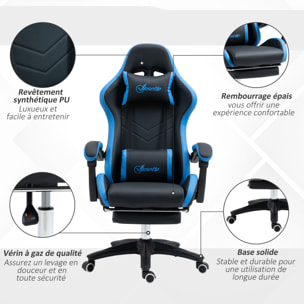 Chaise gaming - chaise de bureau gamer inclinable réglable repose-pieds rétractable coussins synthétique noir bleu