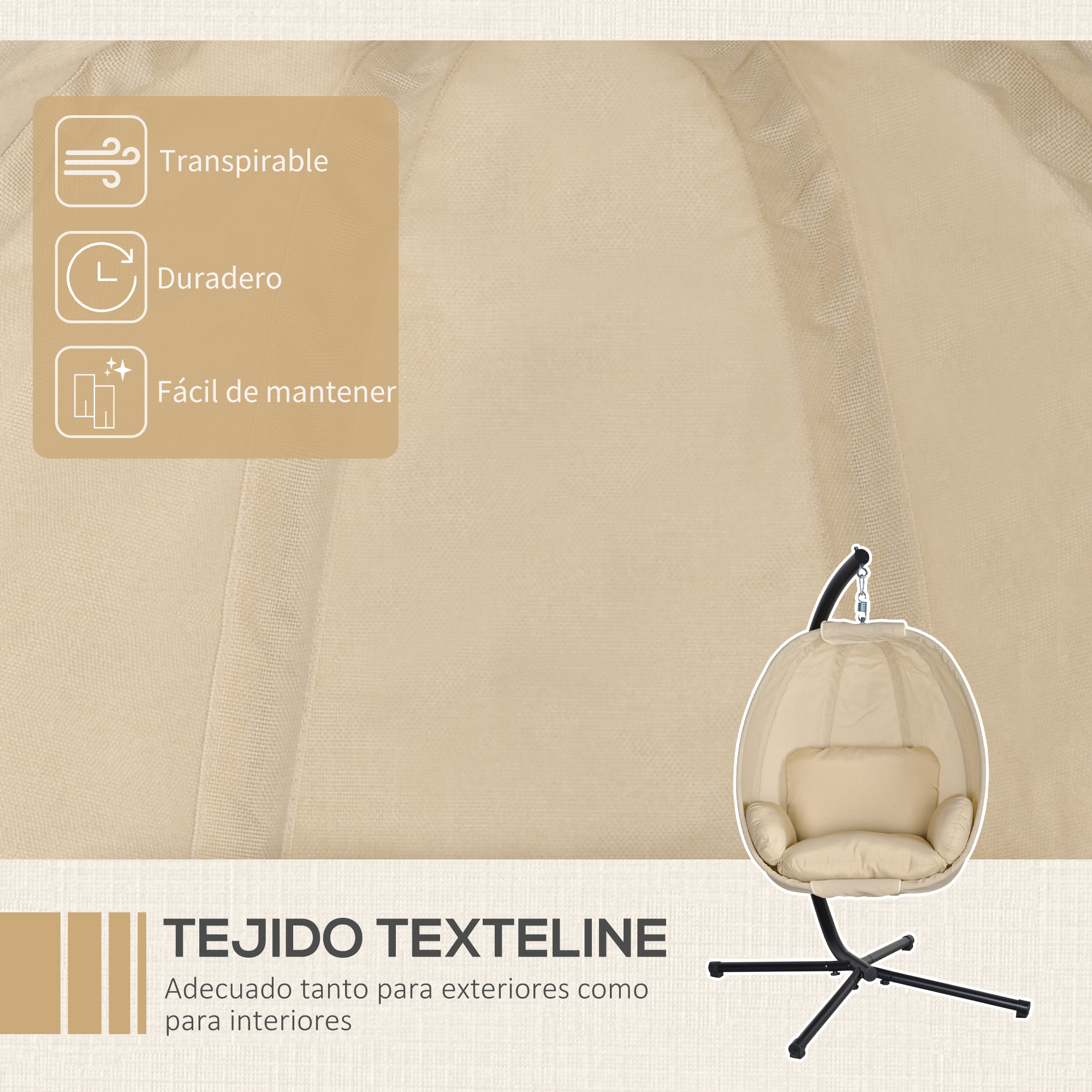 Silla Colgante Huevo con Soporte Columpio Jardín Exterior con Cesta Plegable y Cojín Columpio Colgante para Interior y Exterior Carga 120 kg Caqui