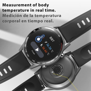 Smartwatch T23 con temperatura corporea, tensione, ossigeno nel sangue e modalità multisport.