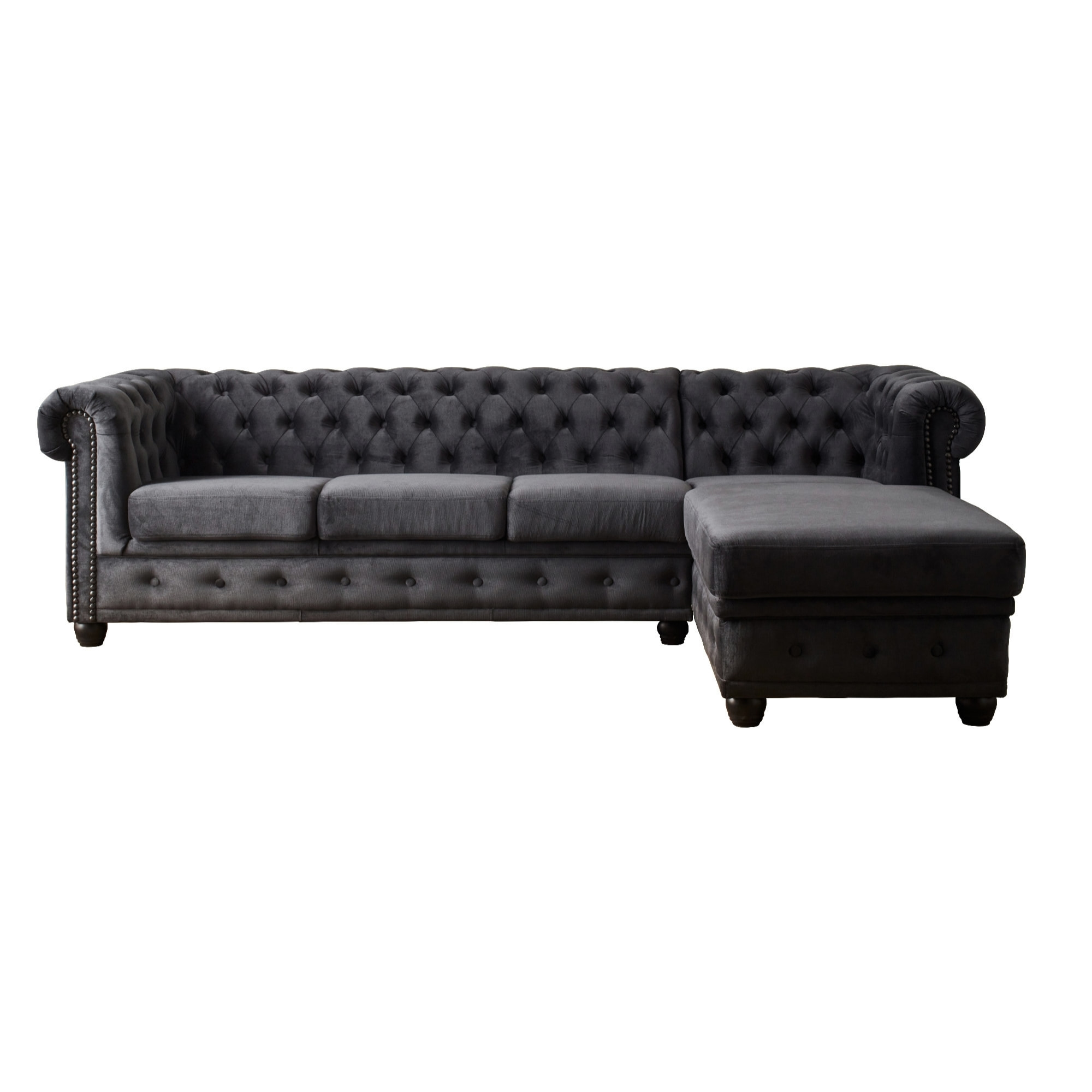 William - canapé Chesterfield d'angle droit - 4 places - en velours - Gris foncé