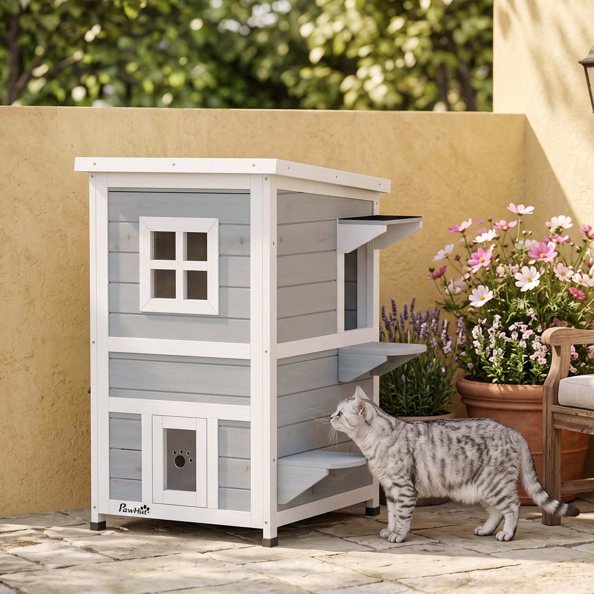 PawHut Caseta para Gatos de Madera Exterior, Casa para Gatos de 2 Niveles con Techo Abatible, Panel Central Extraíble, Ventanas, Puertas, para Terraza, Balcón, Jardín, 51x51x81,3 cm, Gris