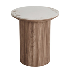 Lysa - bout de canapé plateau effet marbre et pieds effets bois - 50 cm - Bois / Blanc