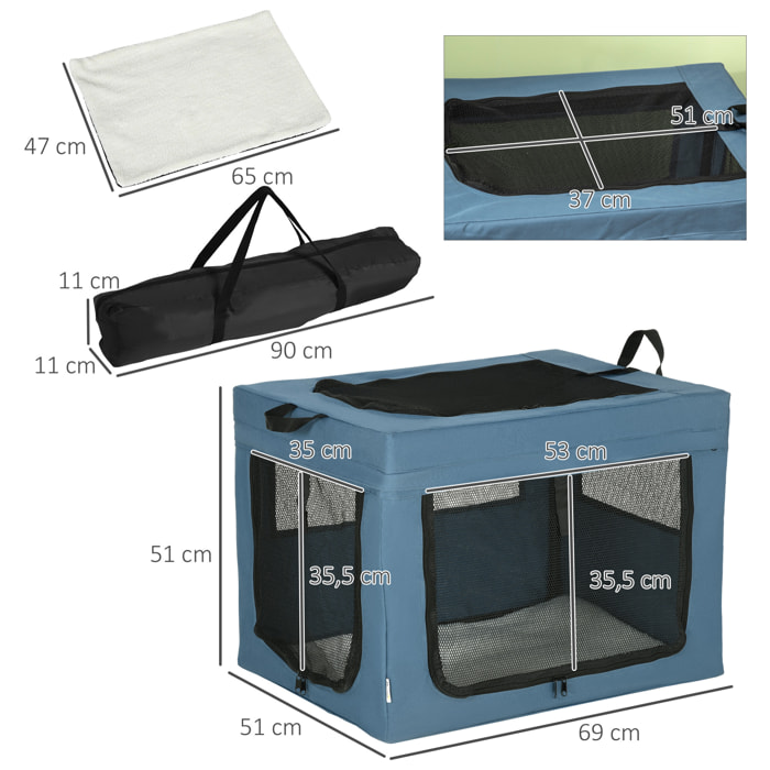 Sac de transport pliable pour chien chat - 2 poignées, 3 portes - dim. 69L x 51l x 51H cm - acier polyester bleu