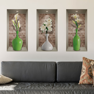 Stickers muraux 3D | Sticker Mural Autocollant effet 3D vases et fleurs blanches - Stickers adhésifs 3D Chambre Salon Trompe l'oeil