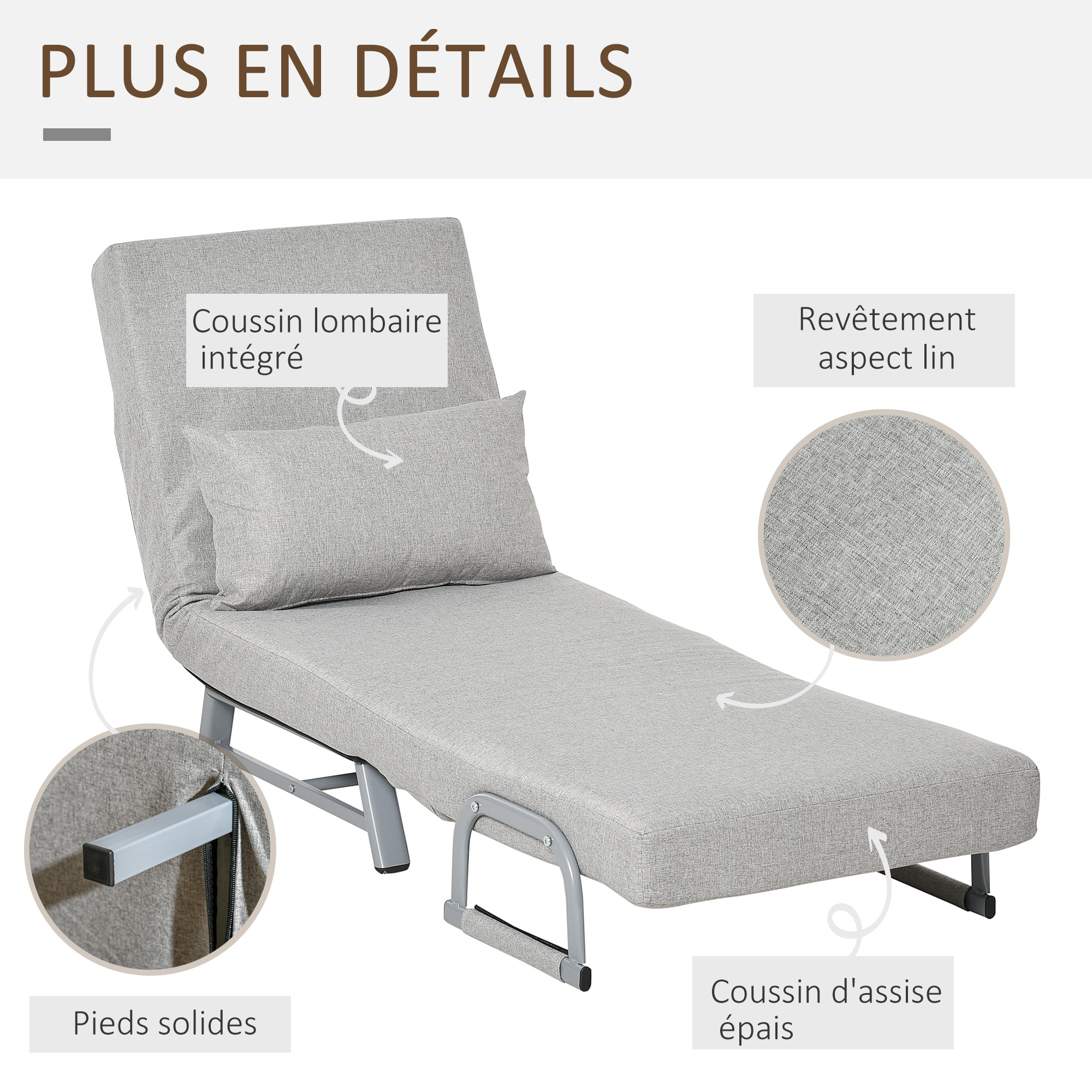 Fauteuil chauffeuse canapé-lit convertible inclinable 1 place grand confort coussin lombaires accoudoirs piètement métal lin gris clair