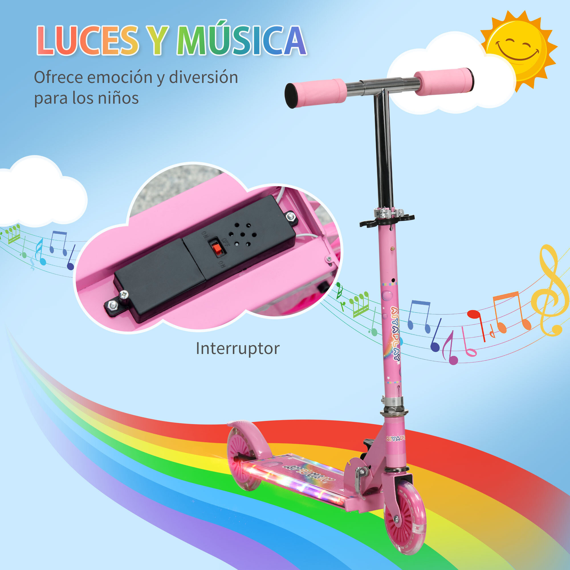 HOMCOM Patinete para Niños de 2 Ruedas, Patinete Infantil Plegable con Música 4 Altura Ajustable 65-78 cm Ruedas con Luces LED para Niños y Niñas de 3-7 Años Carga 50 kg Rosa