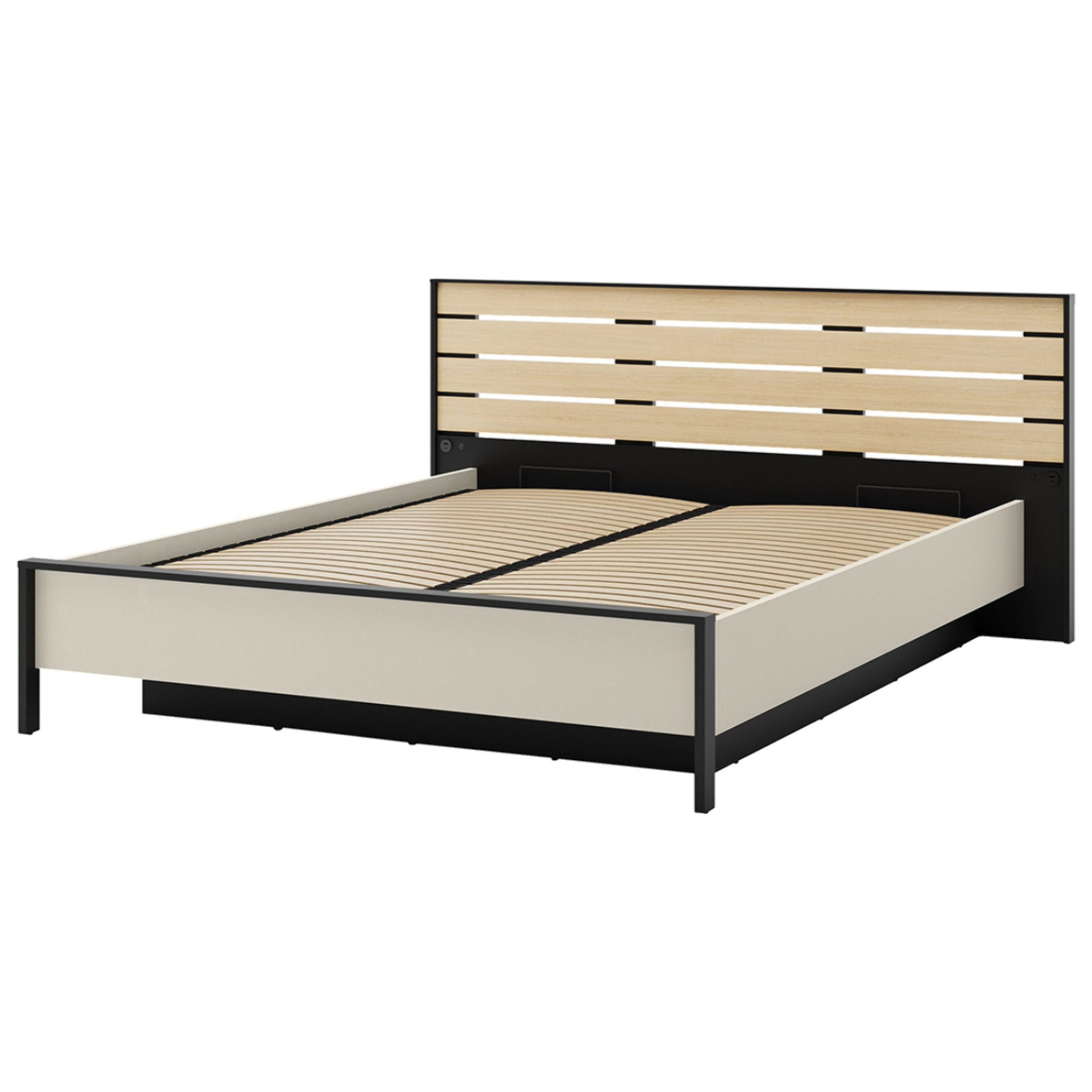 Kimi - lit coffre - 160x200 cm - sommier et port USB inclus - Beige / Noir