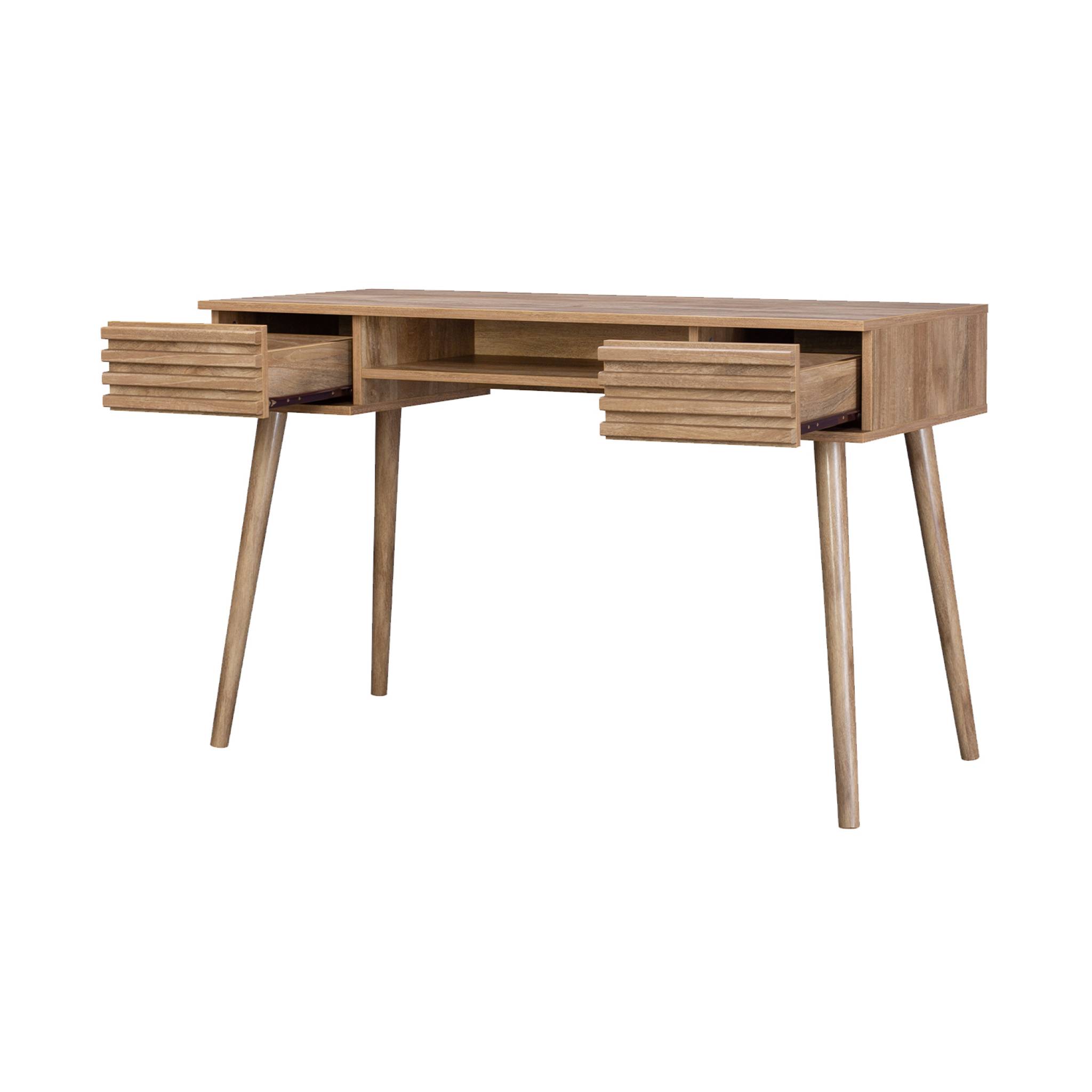 Bureau effet bois 2 tiroirs MADERE naturel. 1 casier. façade rainurées. 120 x 55 x 76.5 cm