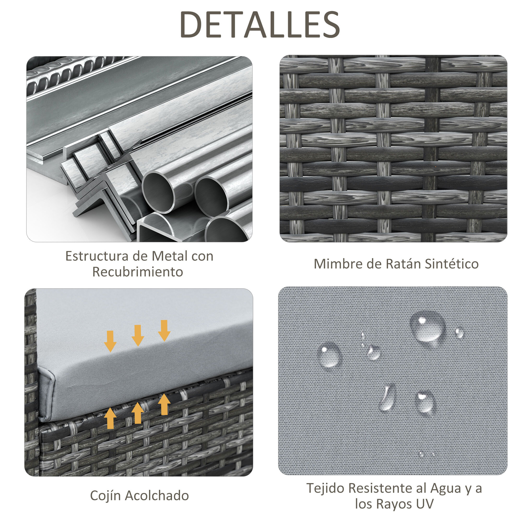 Conjunto de Muebles de Jardín de Ratán 4 Piezas con 2 Sofás Dobles Mesa de Centro Mesa con Arcón Cojines Extraíbles para Terraza Patio Exterior 132x69x64 cm Gris
