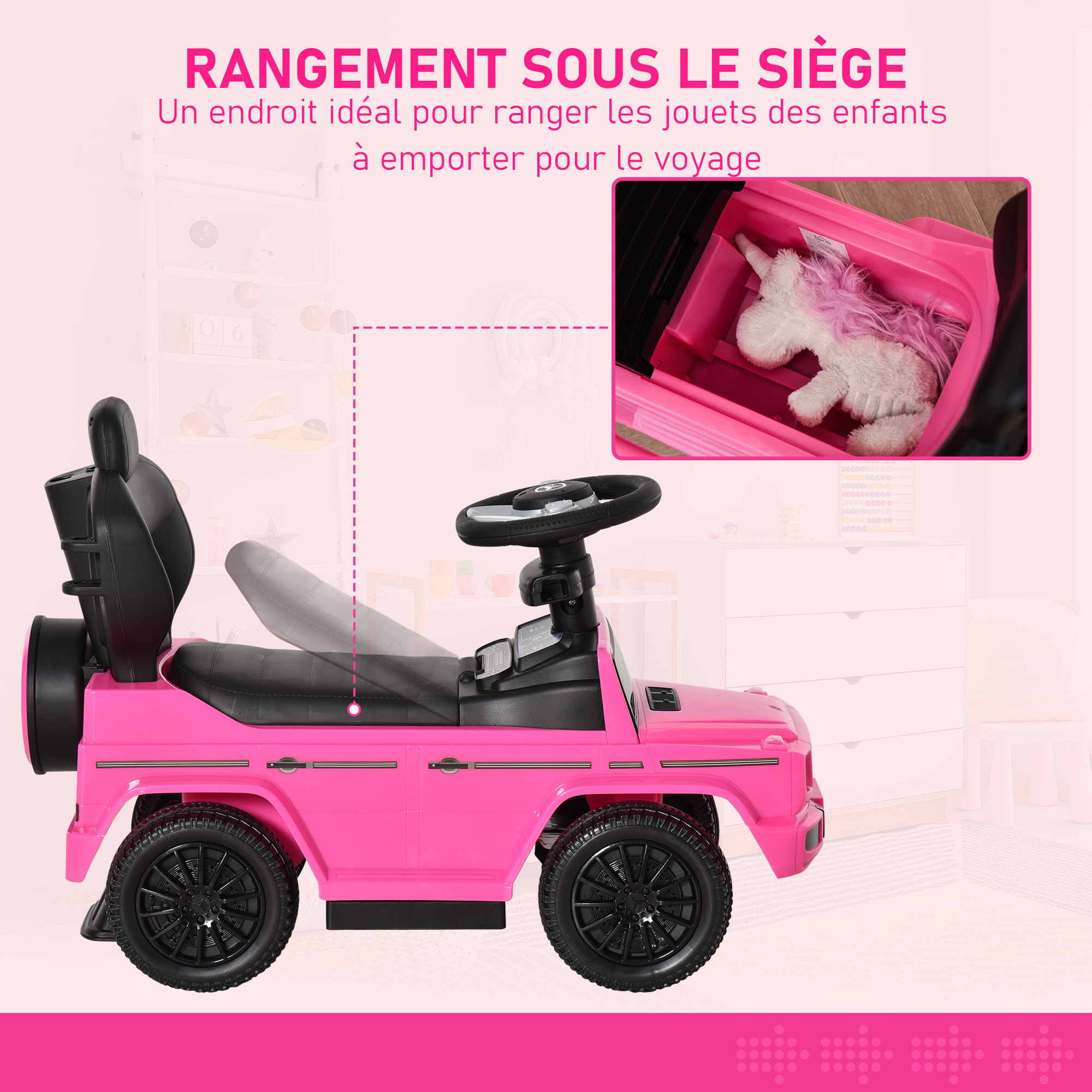 Porteur enfants voiture enfant multi-équipée 12-36 mois klaxon marche-pieds, garde-corps et ombrelle rose