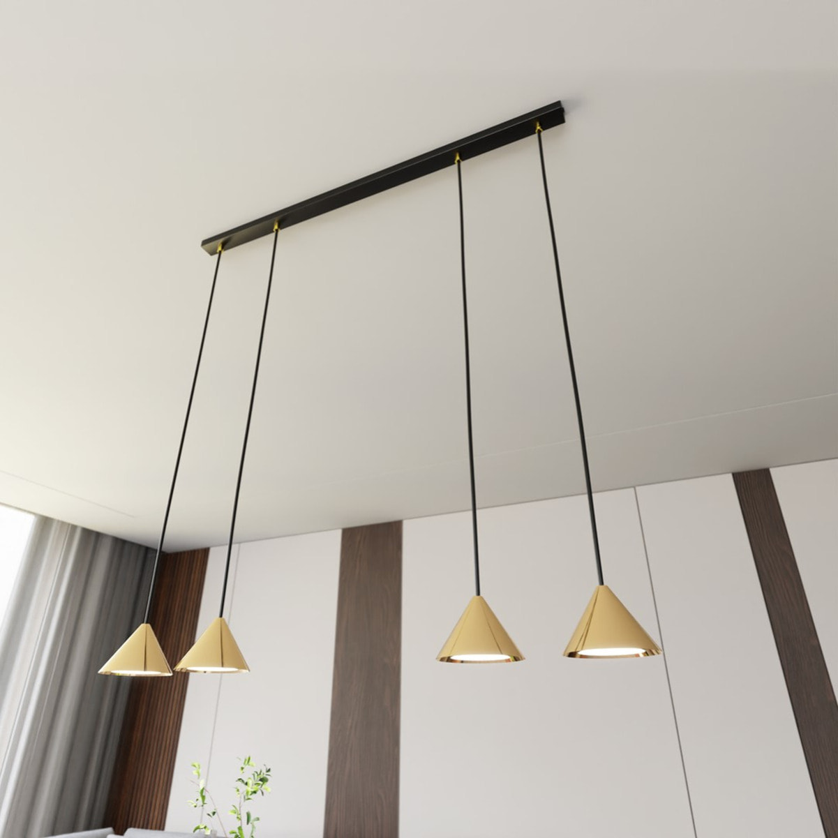 Lampada a sospensione ELIT con diffusori conici oro e struttura nera