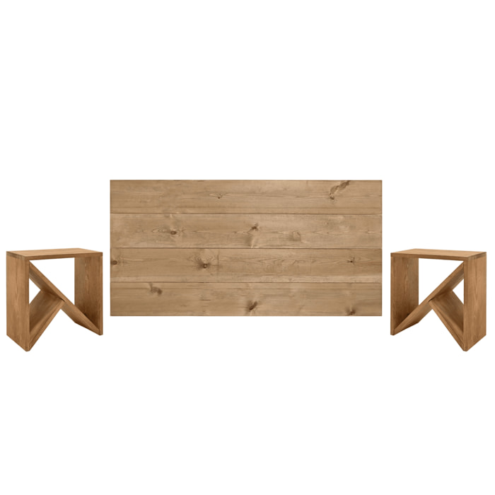 Pack tête de lit et tables en bois massif ton chêne foncé en différentes tailles