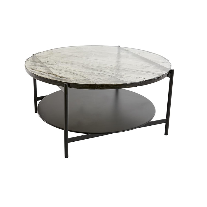 Table basse ronde avec double plateau en verre recyclé et métal noir D85 cm WELLE
