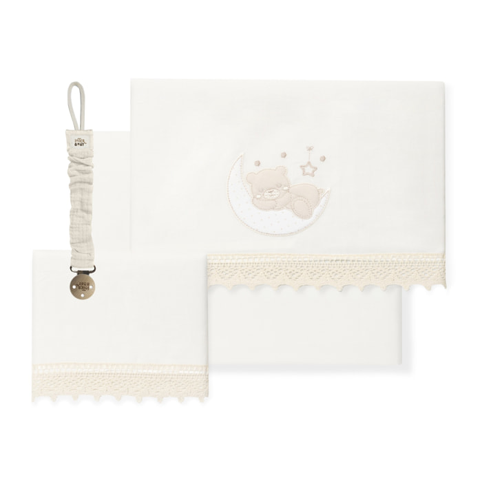 Juego de Sábanas para Cuna mod.Oso Luna Guipur con Broche Muselina
