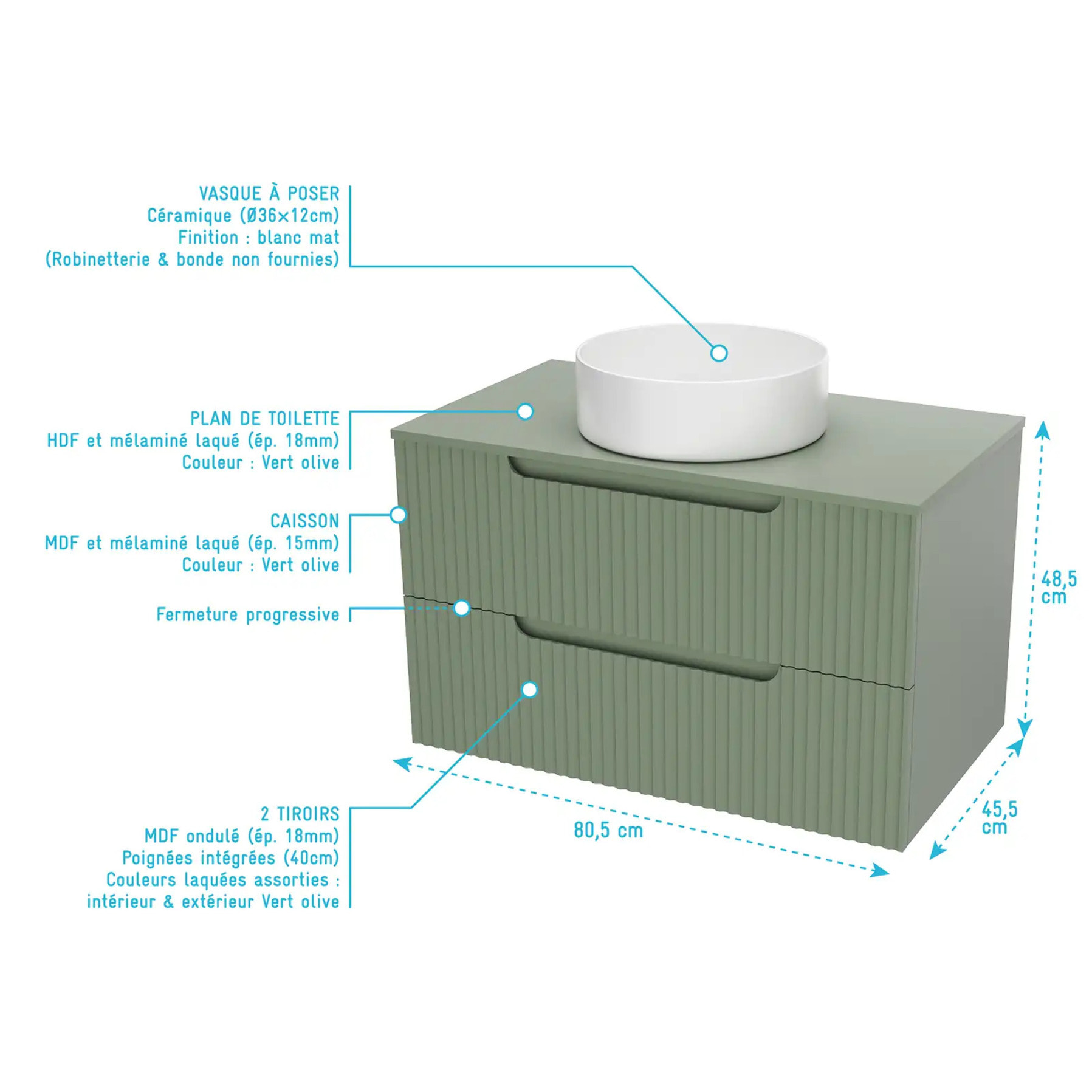 Meuble de Salle de Bains LEON 80cm Vert Olive - 2 Tiroirs en MDF Ondules - Vasque Ronde 36cm