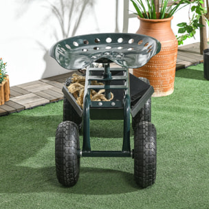 2 en 1 tabouret pivotant réglable chariot mobile de jardin charge max. 150 Kg rangement acier vert