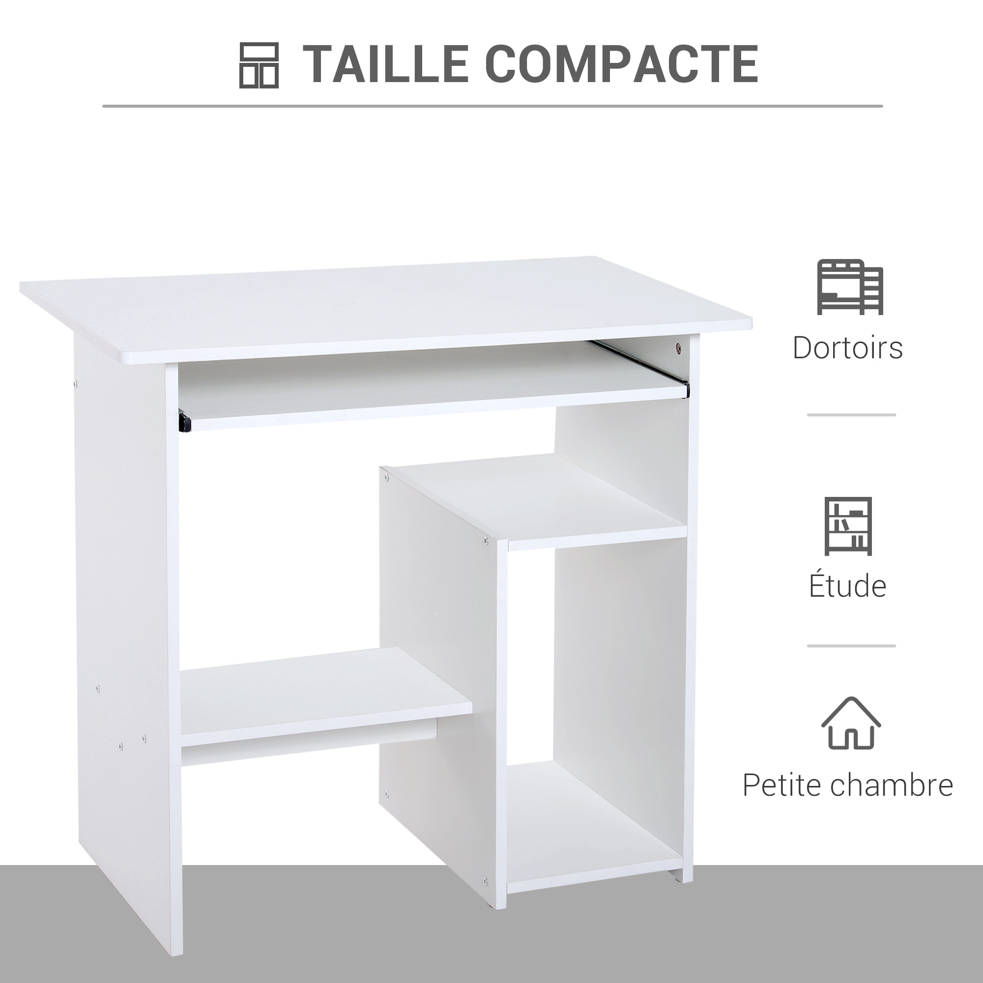 Bureau informatique compact 80 x 45 x 75 cm - espace unité centrale, étagère, tablette clavier - effet bois blanc