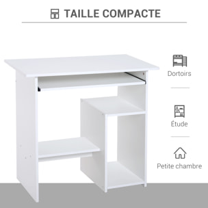 Bureau informatique compact 80 x 45 x 75 cm - espace unité centrale, étagère, tablette clavier - effet bois blanc