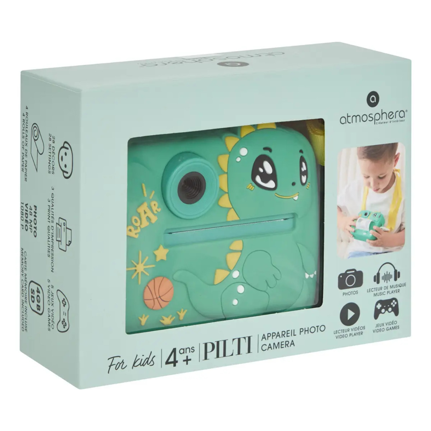 Appareil photo instantané enfants Pilti avec carte SD et 4 rouleaux de papier