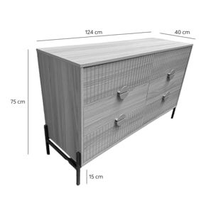 TORINESE Commode 6 tiroirs décor bois rainuré et poignées dorées 124cm