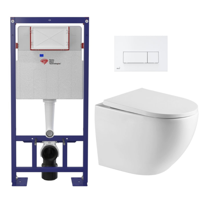 Pack WC Bâti-support Autoportant + WC sans bride SAT + Abattant SoftClose + Plaque Blanche (SMART-FusionTQ-4)