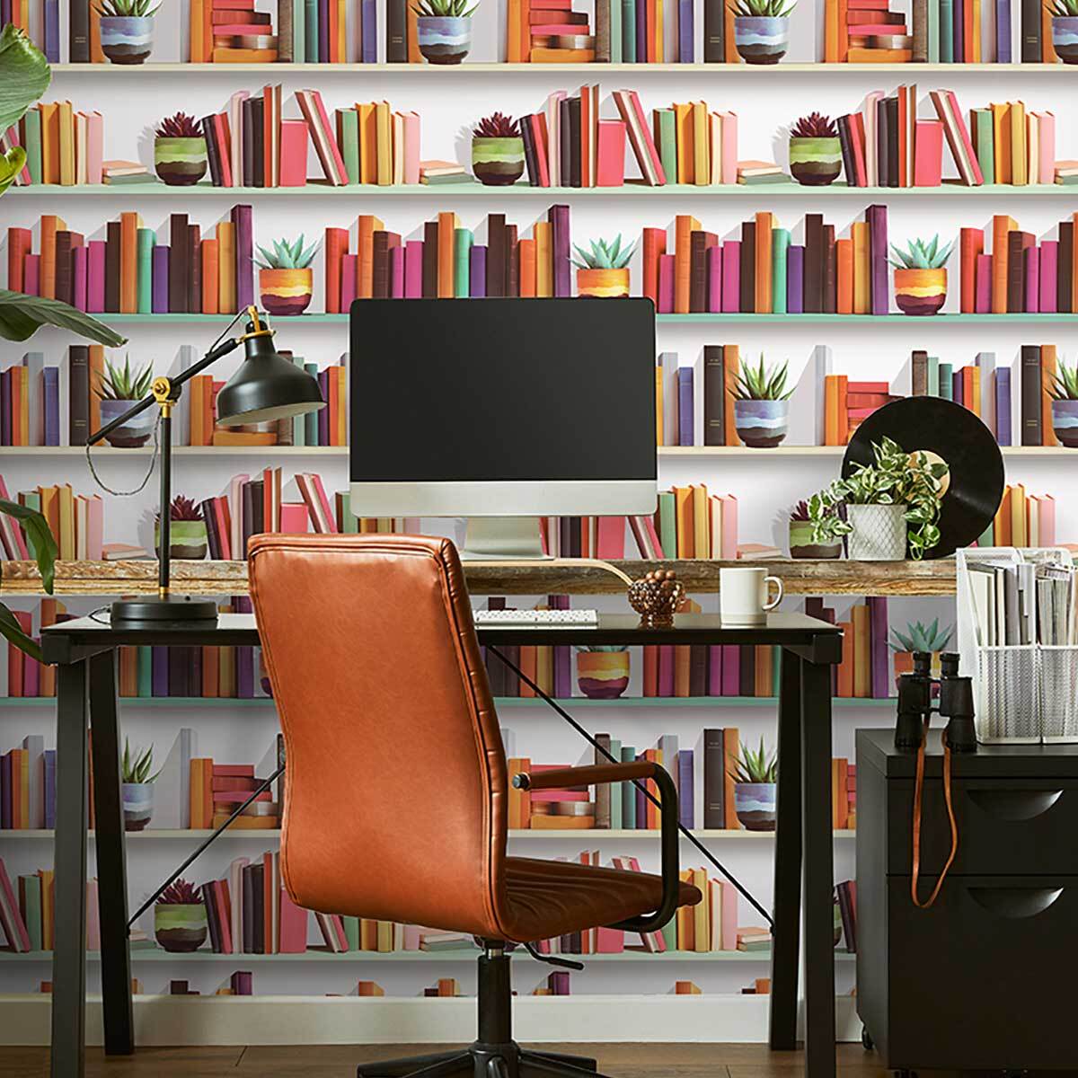 Papier peint étagères livres fond clair lumineux