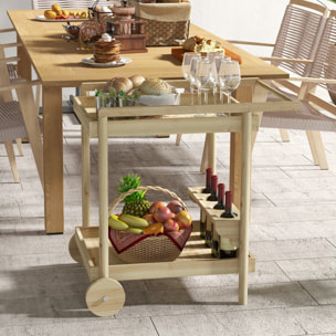 Desserte de jardin chariot pour plancha barbecue en bois avec poignée 2 plateaux et porte-bouteilles