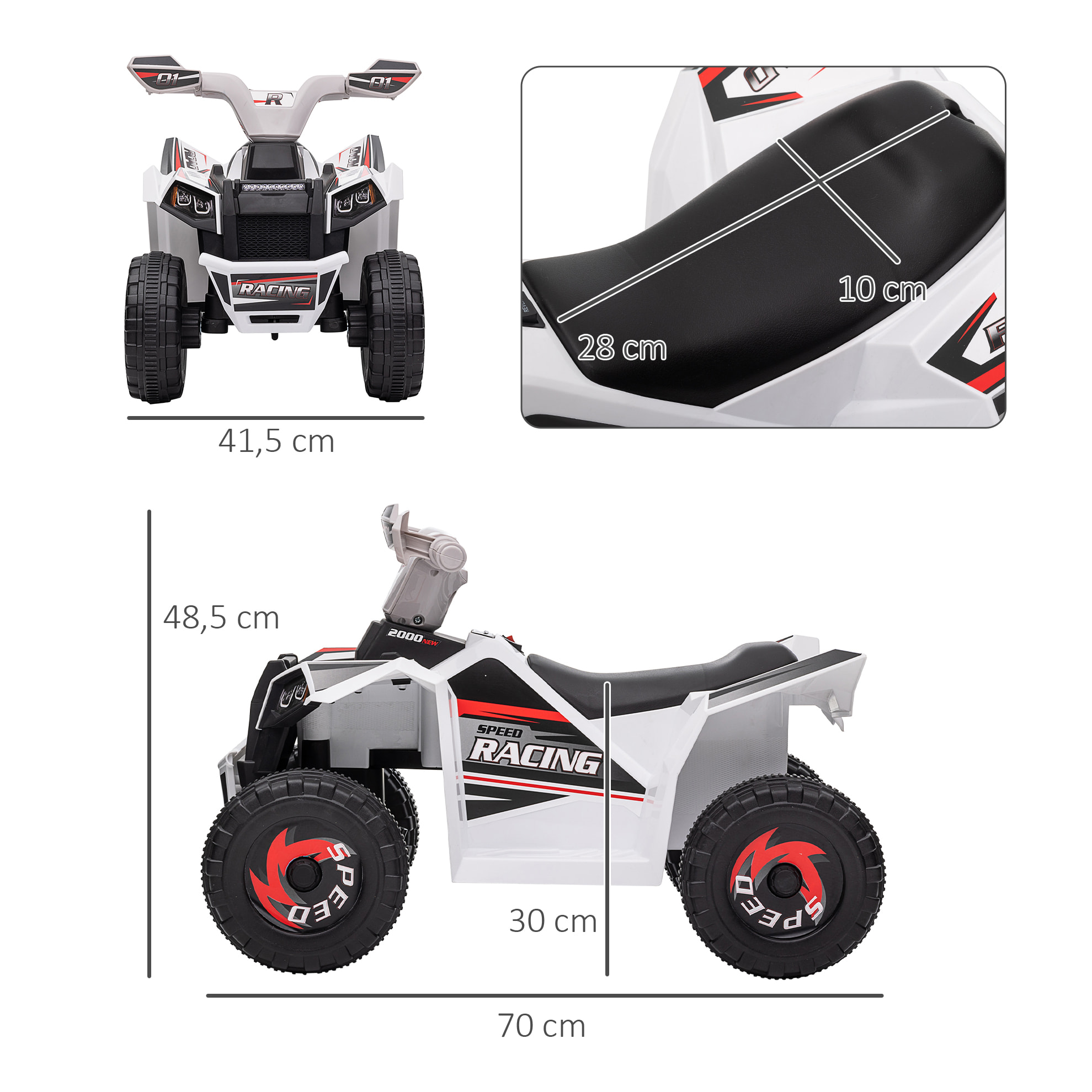 Quad Eléctrico para Niños 6V, Quad para Niños de 18-36 Meses con Avance y Retroceso, Velocidad de 2,5 km/h, Blanco