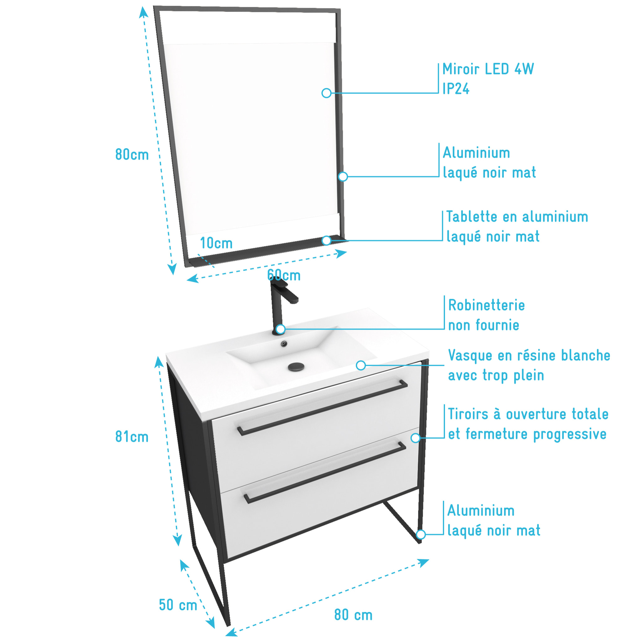 Pack meuble de salle de bain 80x50 cm NOIR MAT - 2 tiroirs blanc - vasque blanche + miroir LED