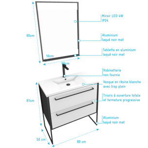 Pack meuble de salle de bain 80x50 cm NOIR MAT - 2 tiroirs blanc - vasque blanche + miroir LED