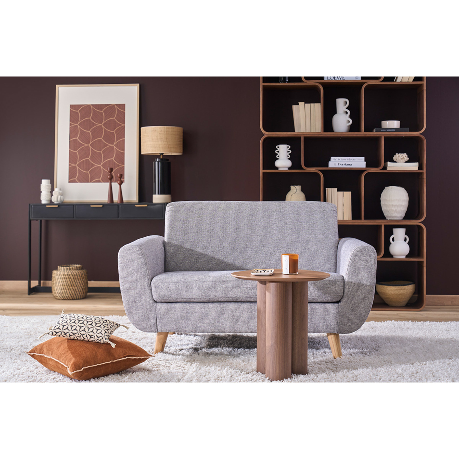 Canapé scandinave 2 places en tissu bleu canard et bois clair PURE