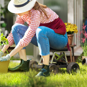 Asiento de Jardín con Ruedas Taburete de Jardinería con Bandeja de Herramientas Carrito para Trabajo Carga 130 kg para Patio Exterior Negro
