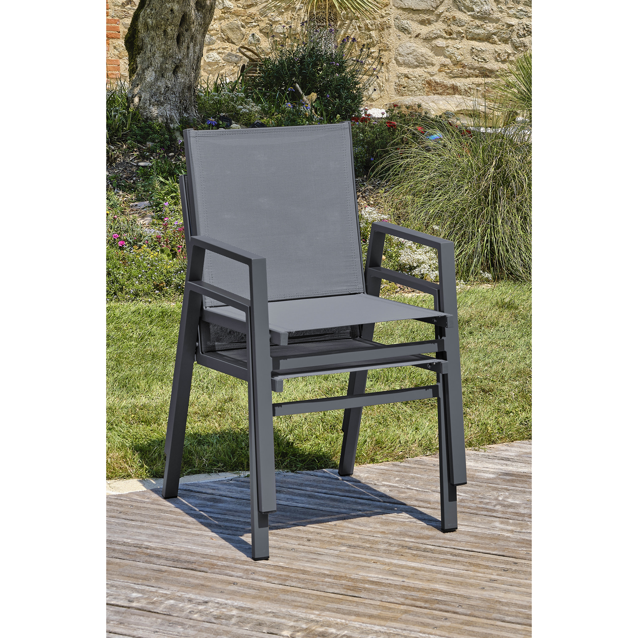 FLORIDE - Ensemble repas de jardin 6 places en aluminium gris anthracite