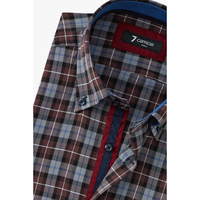 Camicia Uomo 2 Bottoni Button Down Slim Twill Quadro Grande Bordeaux/Nero