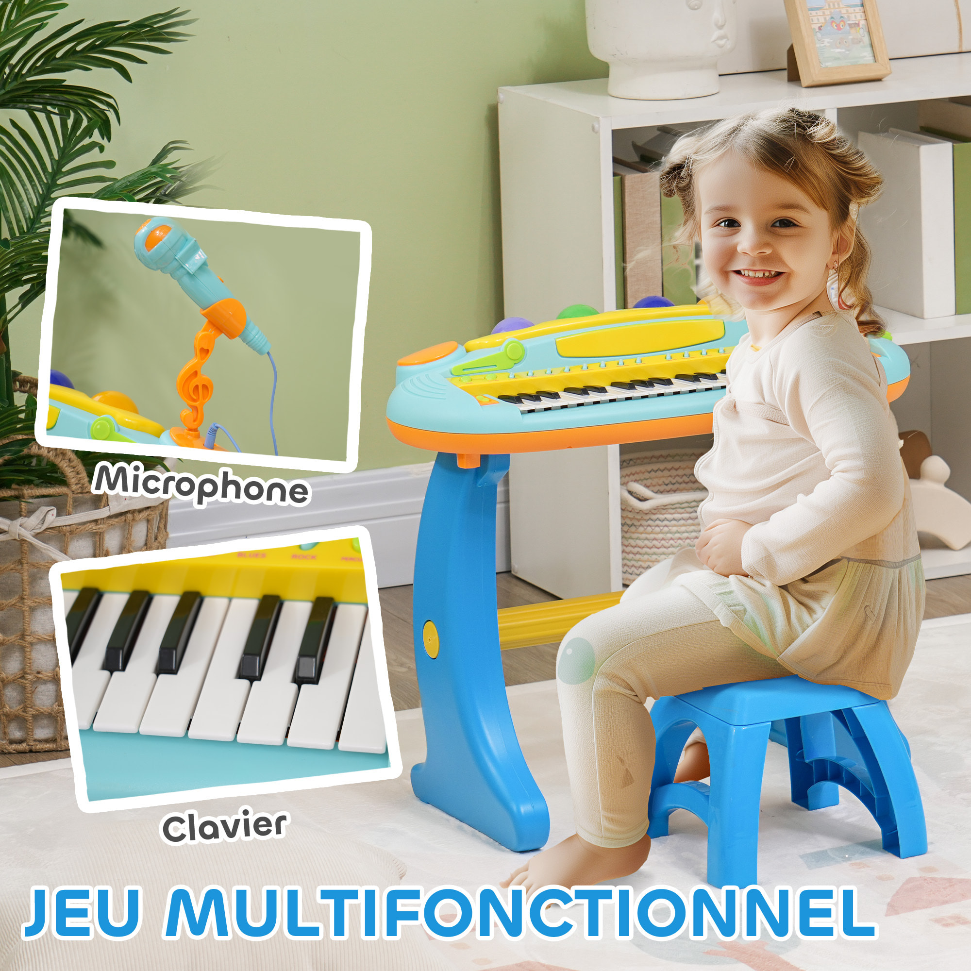 Clavier musical pour enfant - piano enfant avec tabouret et micro - 37 touches, 22 chansons, 8 instruments et rythmes - jaune bleu