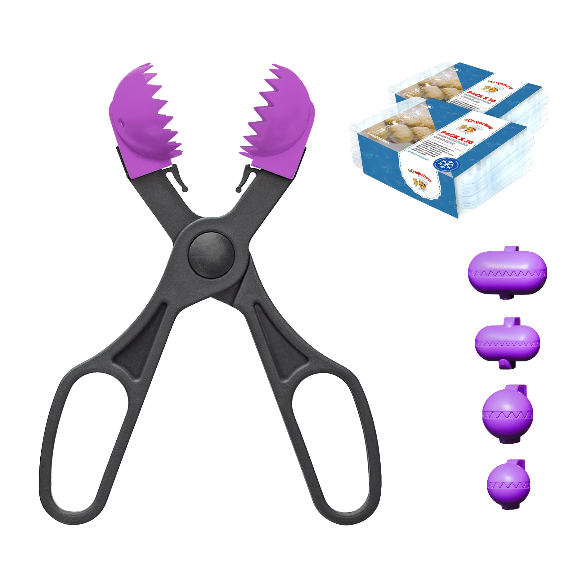 Pack utensilio multiusos con 4 moldes intercambiables color morado + 40 bandejas de conservación - La croquetera: patentado y fabricado en España