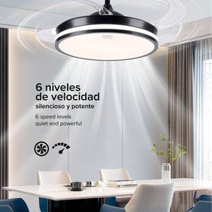Ventilador de techo L433 107cm, aspas retráctiles, motor DC 30W, luz LED regulable de 60W, 6 velocidades, modo verano/invierno. Mando a distancia.