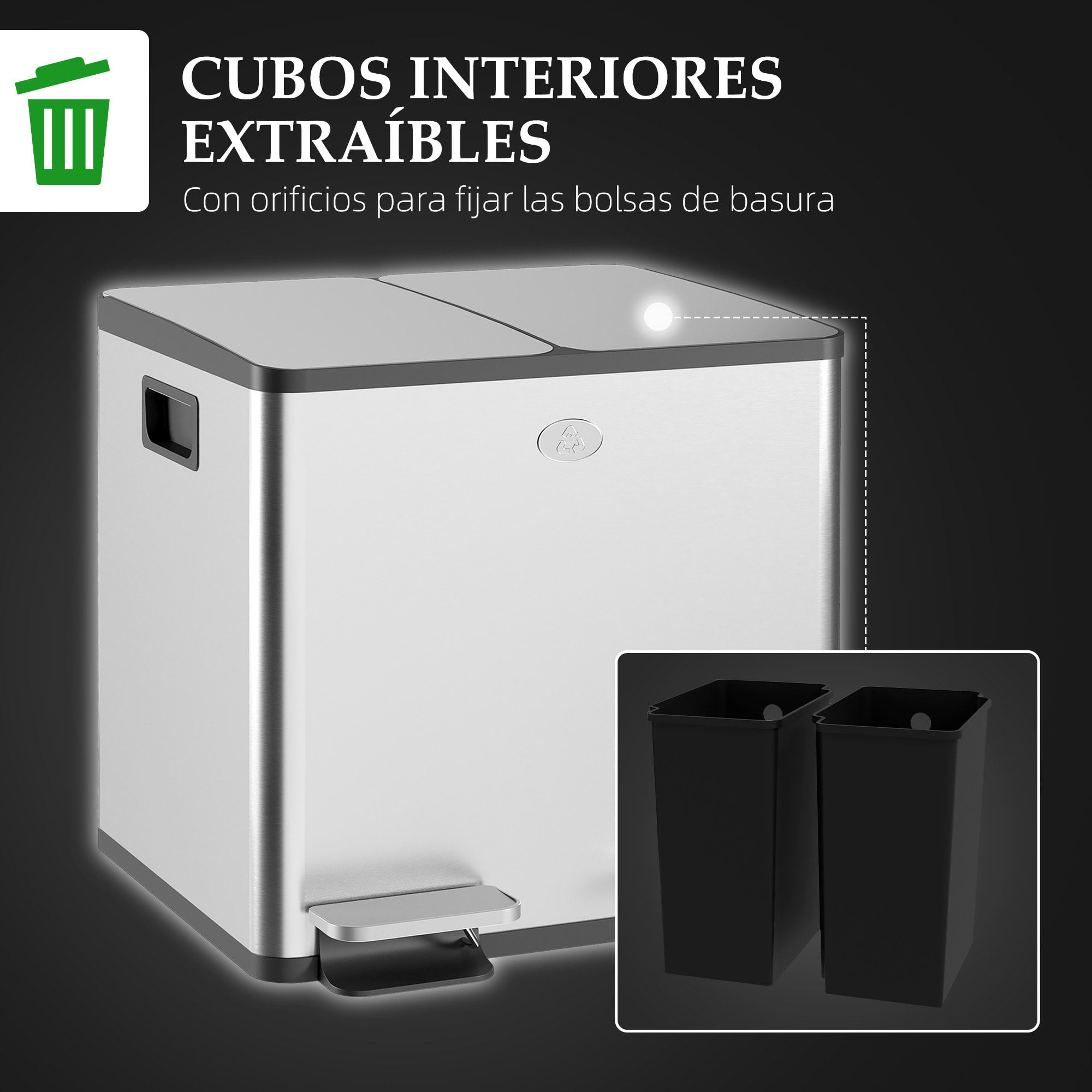 Cubo de Basura de Cocina con 2 Compartimentos 2x15L Papelera Cocina de Acero Inoxidable con Pedal Tapas de Cierre Suave y Cubo Extraíble para Reciclaje Residuos Restos de Comida Plata