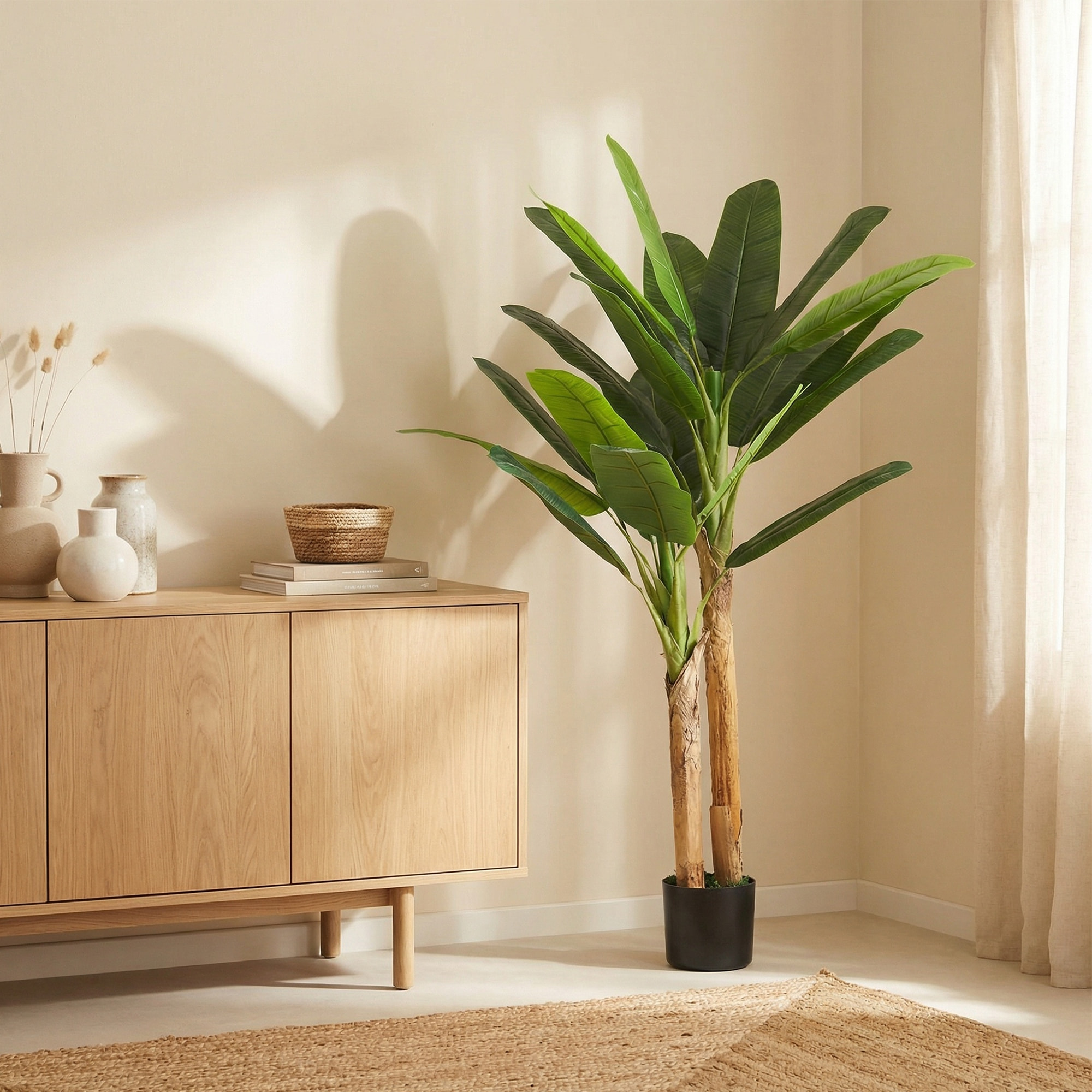 Árbol de Plátano Artificial 150 cm, Planta Artificial Decorativa con Maceta y 2 Troncos, para Decoración del Interior, Hogar, Oficina, Salón, Verde