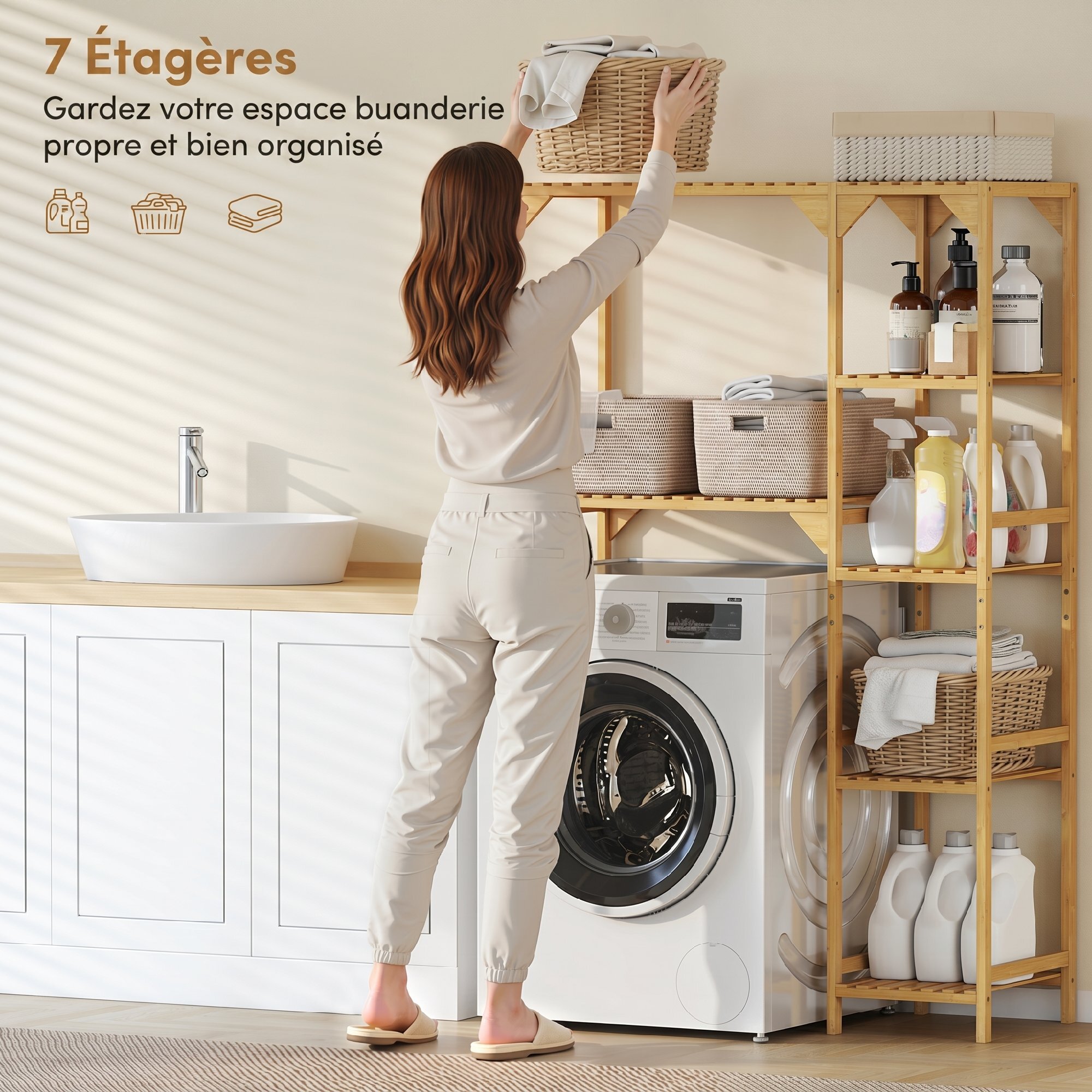 Meuble de buanderie pour machine à laver bambou verni 7 étagères