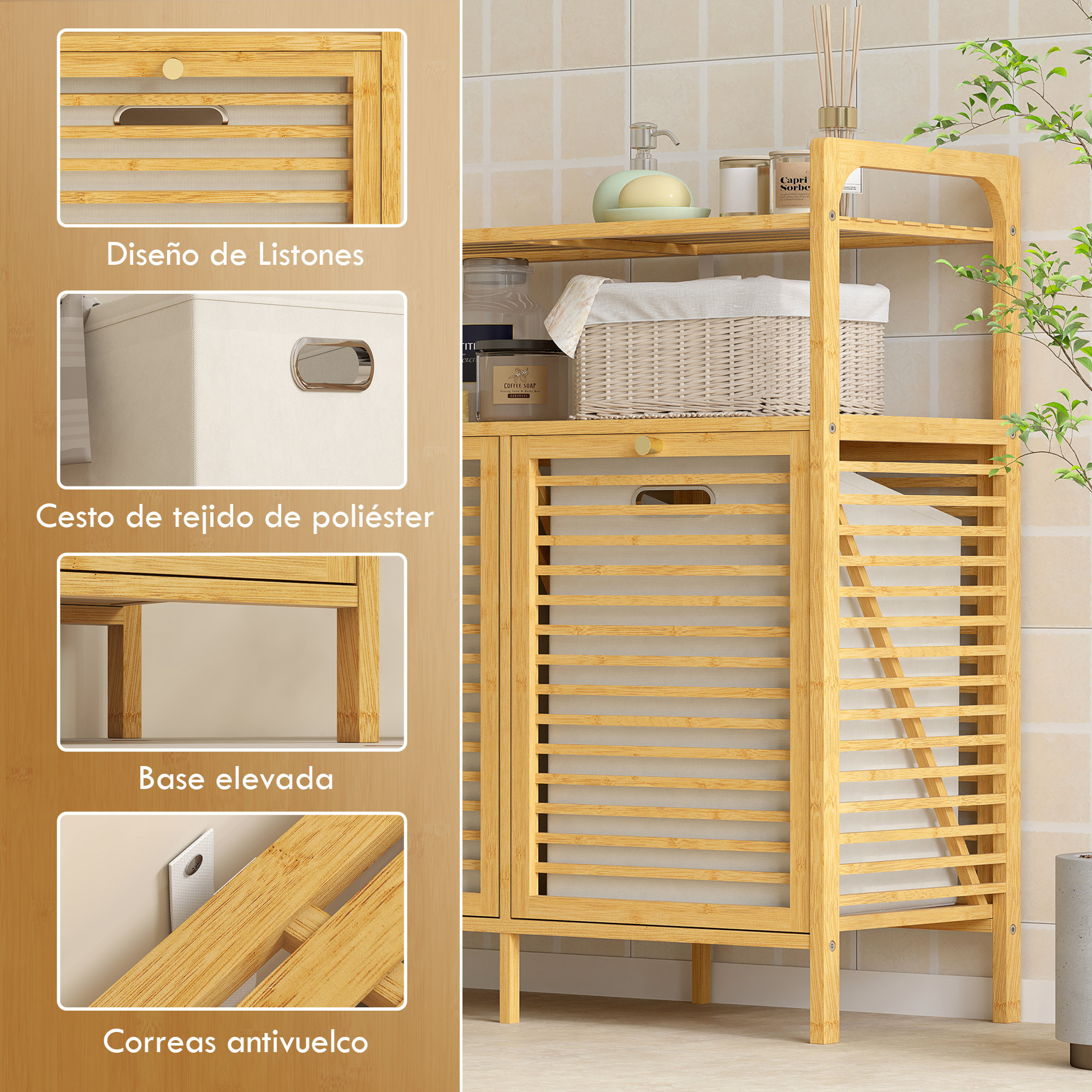 Mueble de Baño con Cesto Ropa Sucia, Mueble Ropa Sucia de Bambú, 2 Bolsas de Ropa Extraíbles y Lavables con Asa, 2 Estantes Abiertos, para Lavadero, 82x33x88 cm Natural y Crema