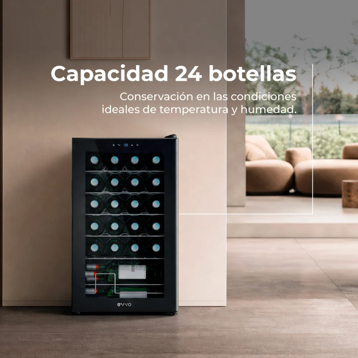 Vinoteca EVVO VT24, capacidad 24 botellas, compresor, 12ºC regulable, auto-defrost, 45 dB, 5 baldas, diseño compacto