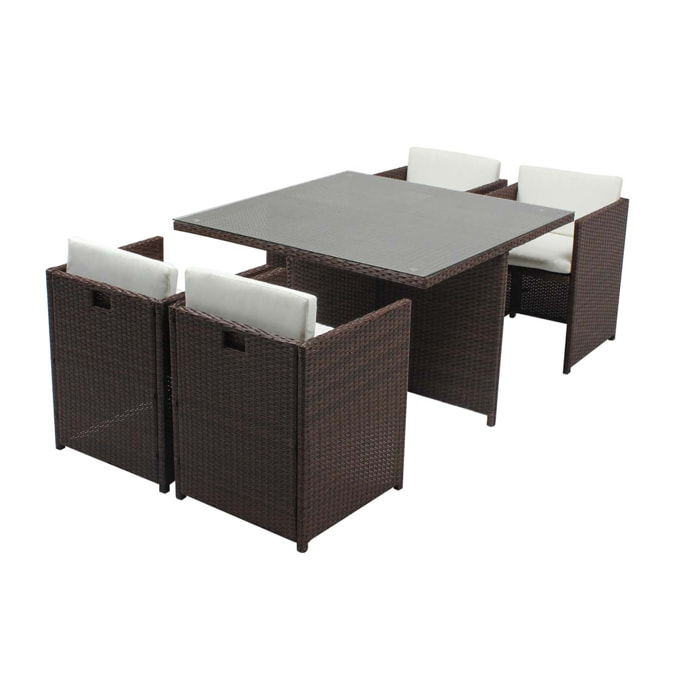 Table et chaises 4 places encastrables résine marron-blanc REGINA