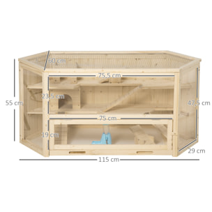 Cage pour hamster 2 étages dim. 115x60x55cm bascules biberon eau fenêtres cabanes toit ouvrable plateau déjection bois