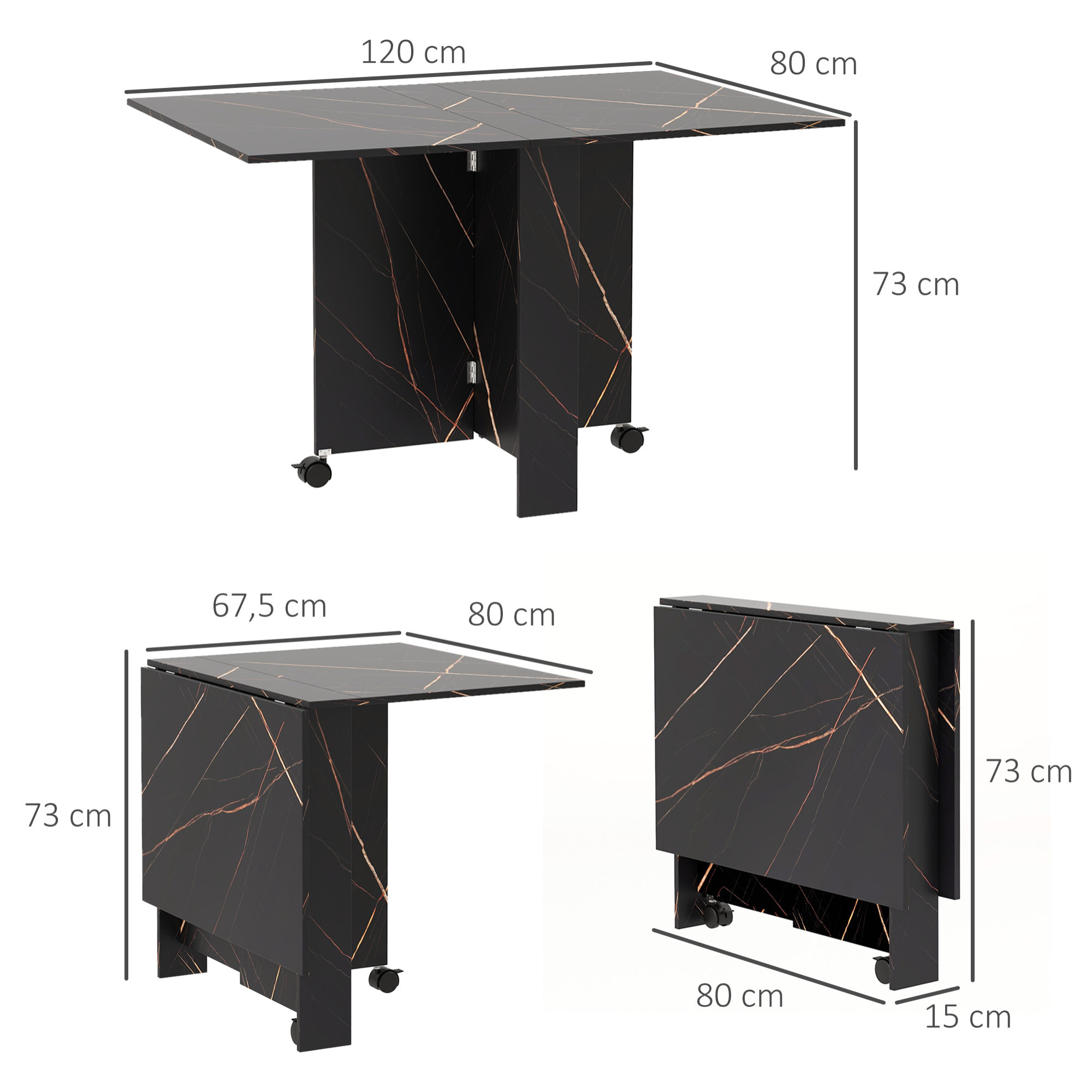 Mesa Plegable de Comedor, Mesa de Cocina Plegable, con Ruedas, Alas Abatibles, Hasta 6 Personas, para Salón, Espacio Pequeño, 120x80x73 cm, Negro con Efecto Mármol