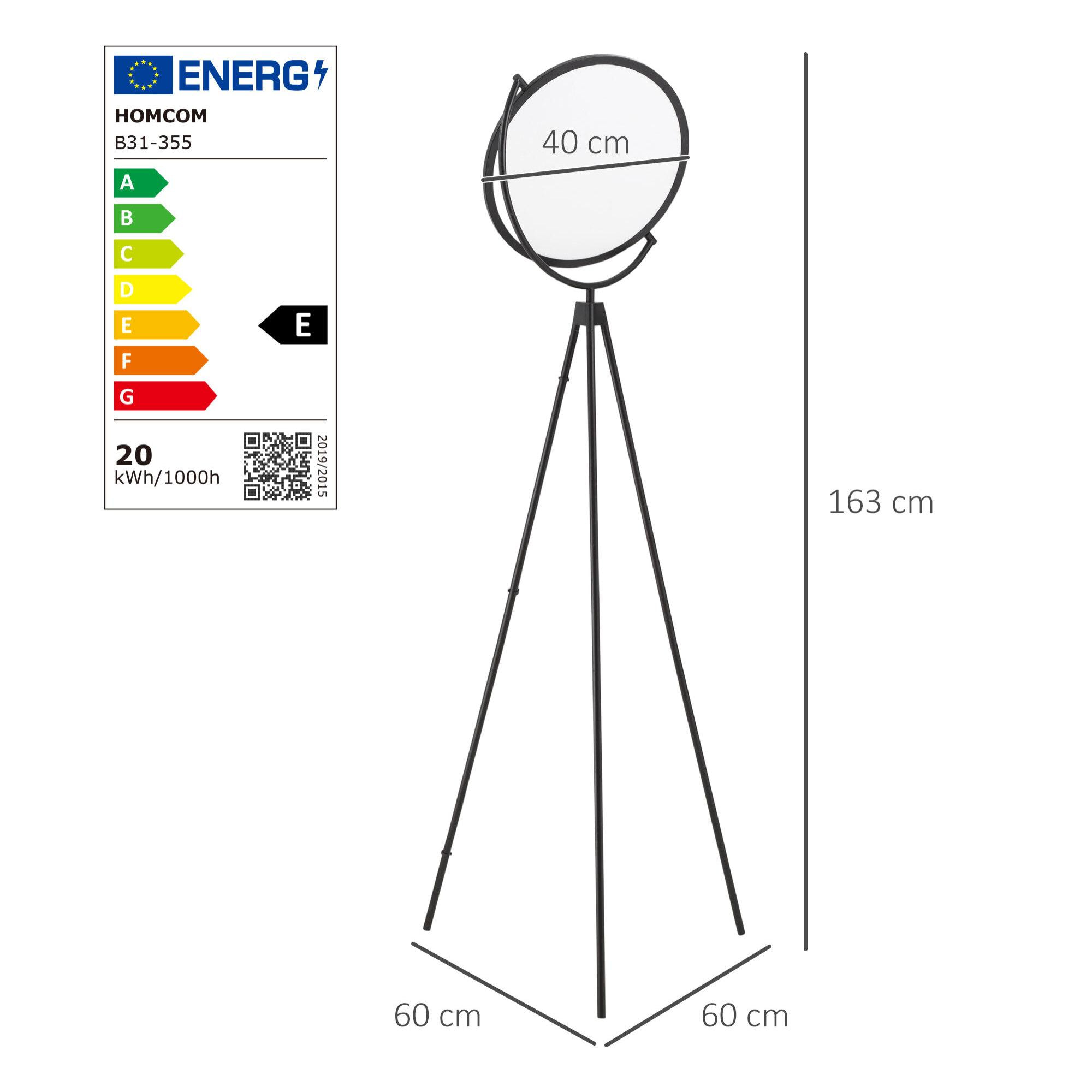 Lámpara de Pie Moderna Lámpara de Suelo con Luz LED de 20W Pantalla Giratoria Trípode de Metal e Interruptor de Pie para Salón Dormitorio Estudio 60x60x163 cm Negro