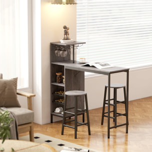 Ensemble table de bar avec tabourets, table à manger debout avec 2 chaises de bar rond avec repose-pieds, avec étagères de rangement, casiers à vin, porte-verres, effet bois naturel
